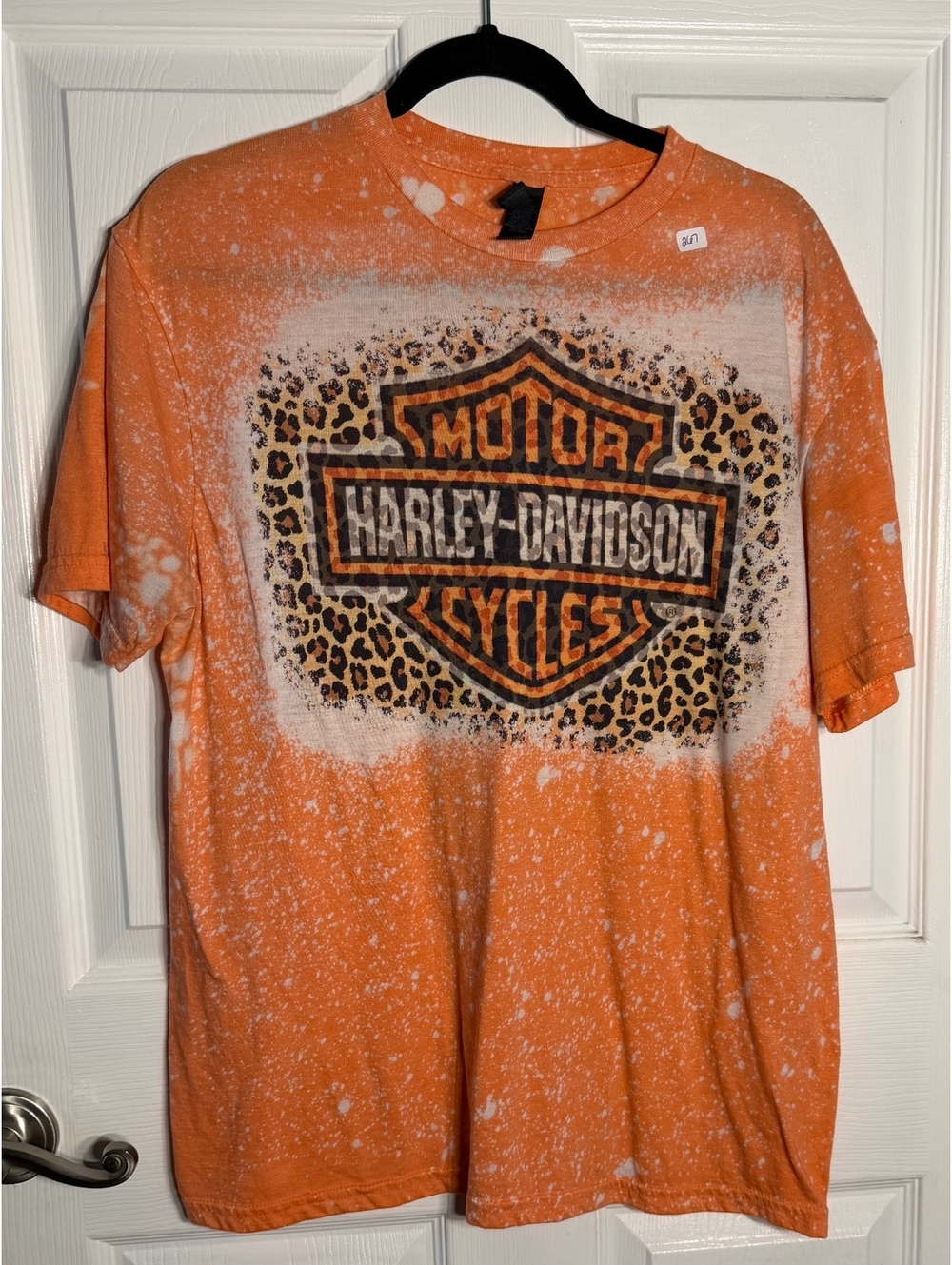 Harley-Davidson Orange Bleach Splatter T-Shirt with Leopard Print Logo, Size L